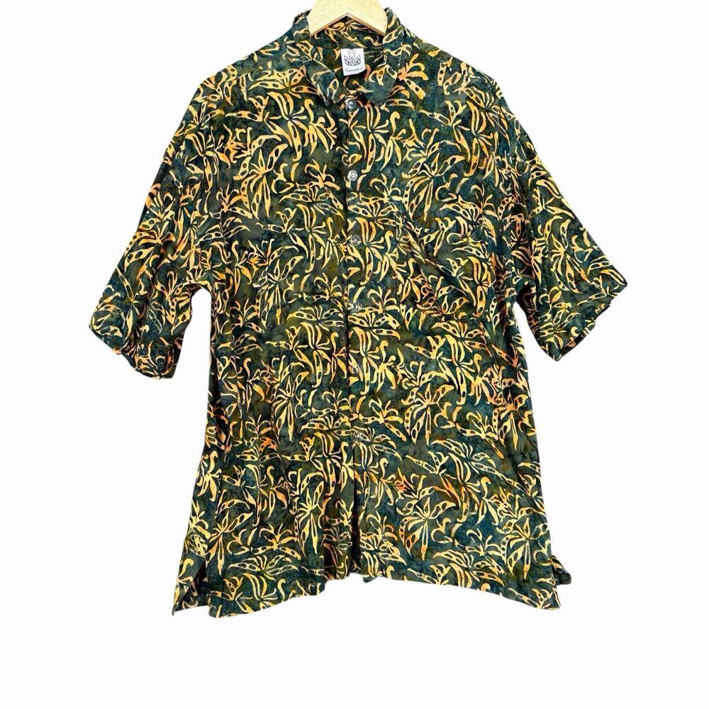 Hamakua Hawaiian Batik Camp Shirt Mens Sz L Green Tropical Button Front Resort